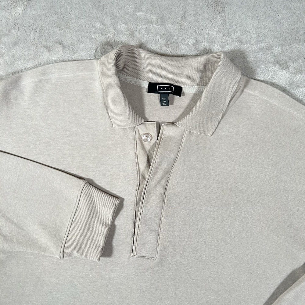 AYR The Go Team Polo Shirt Mens XL Beige Peruvian Pique Long Sleeve Rugby Shirt